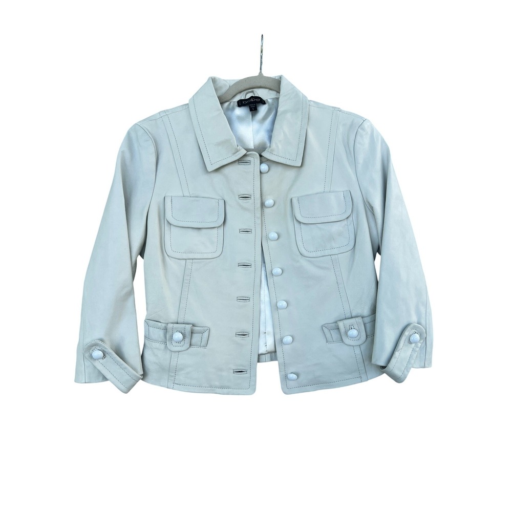 Bebe White Genuine Leather Jacket Button Front Utility 90s Y2K 3/4 Sleeve Small